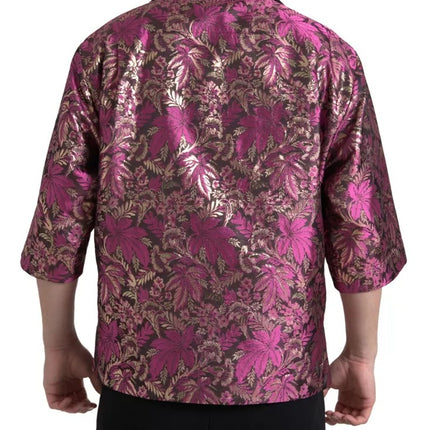 Fucsia Pink Floral Jacquard Button Down Camisa