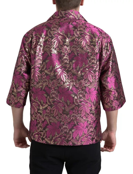 Fucsia Pink Floral Jacquard Button Down Camisa