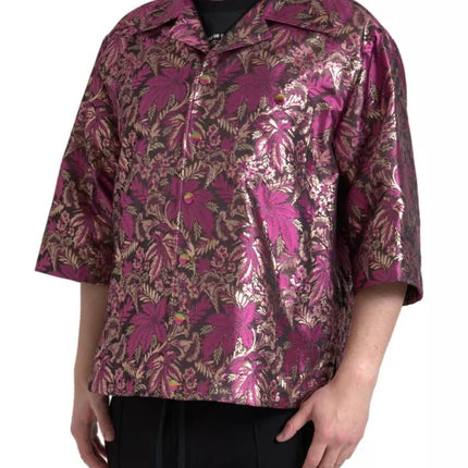 Fucsia Pink Floral Jacquard Button Down Camisa