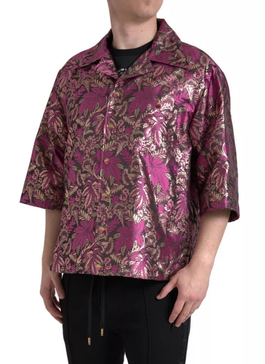 Fucsia Pink Floral Jacquard Button Down Camisa