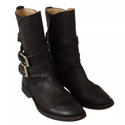 Black Leather Buckle Mid Calf Boots Shoes