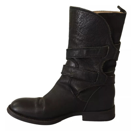 Black Leather Buckle Mid Calf Boots Shoes