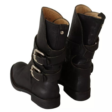 Black Leather Buckle Mid Calf Boots Shoes