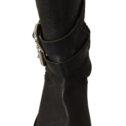 Black Leather Buckle Mid Calf Boots Shoes