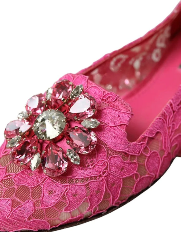 Chaussures de mocassins de ballet en cristal en dentelle rose