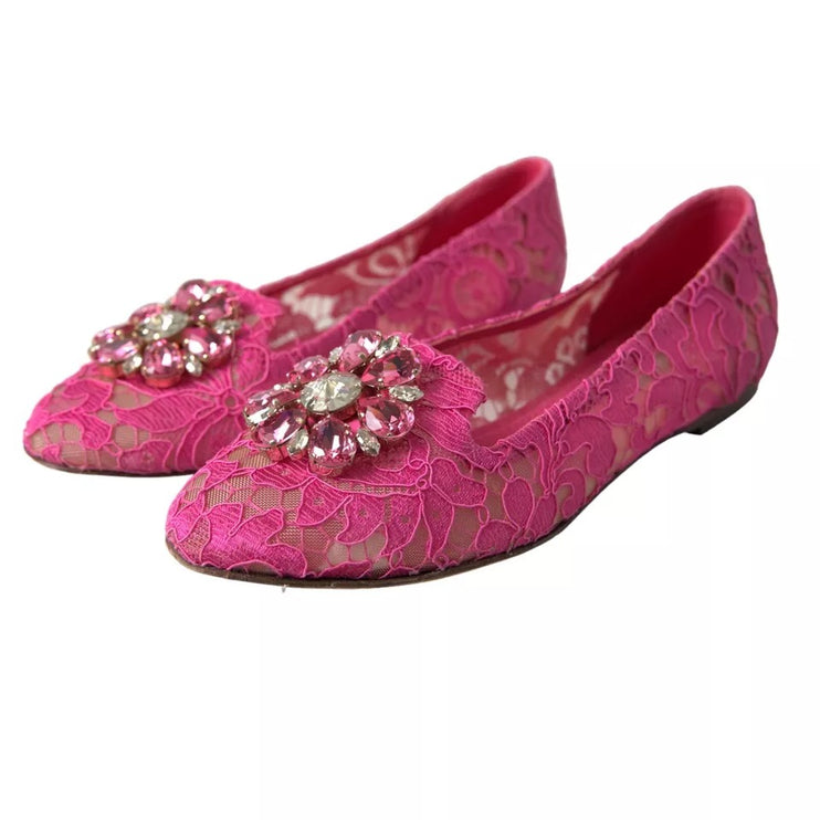 Chaussures de mocassins de ballet en cristal en dentelle rose