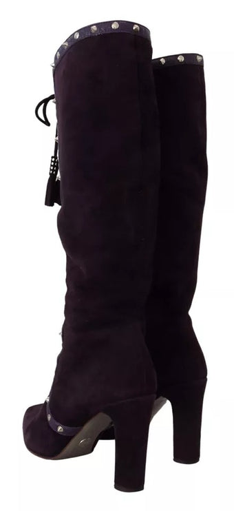 Chaussures de bottes hautes en cuir en cuir en cuir violet parsemées