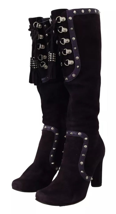 Chaussures de bottes hautes en cuir en cuir en cuir violet parsemées