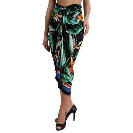 Zwarte strelitzia hoge taille wrap midi rok