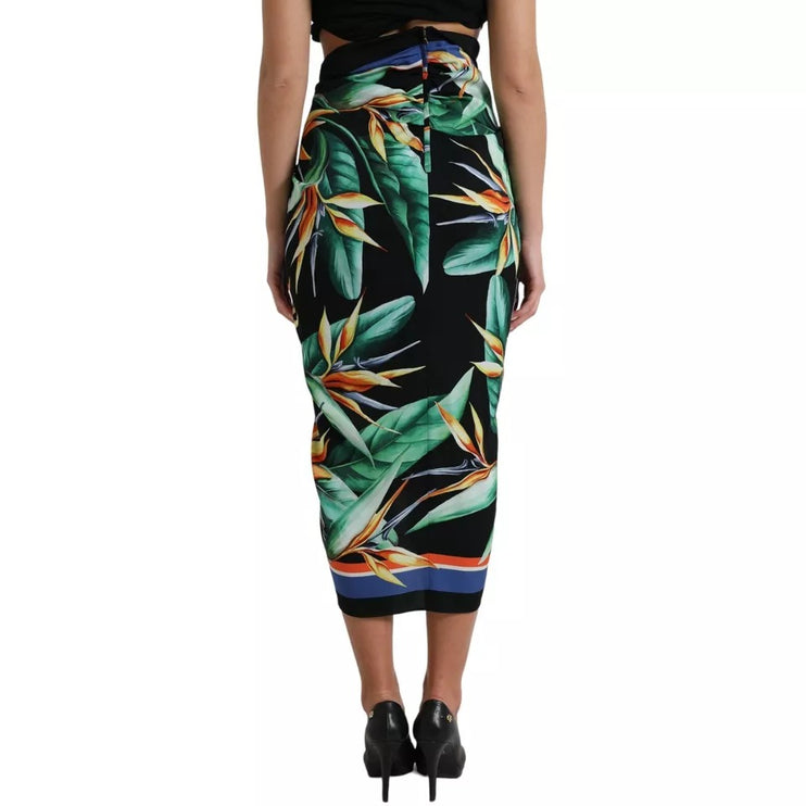 Zwarte strelitzia hoge taille wrap midi rok