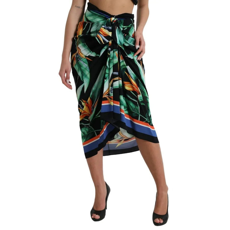 Zwarte strelitzia hoge taille wrap midi rok