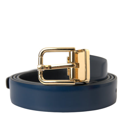 Blue Calf Leather Gold Metal Buckle Belt Men