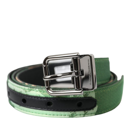 Green Leather Jacquard Silver Metal Buckle Belt