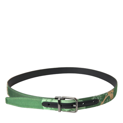 Green Leather Jacquard Silver Metal Buckle Belt