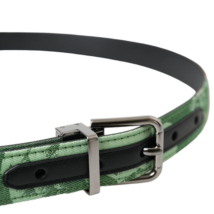 Green Leather Jacquard Silver Metal Buckle Belt