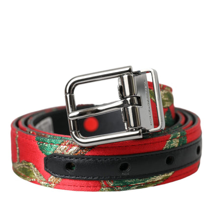 Red Leather Jacquard Silver Metal Buckle Belt