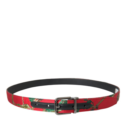 Red Leather Jacquard Silver Metal Buckle Belt