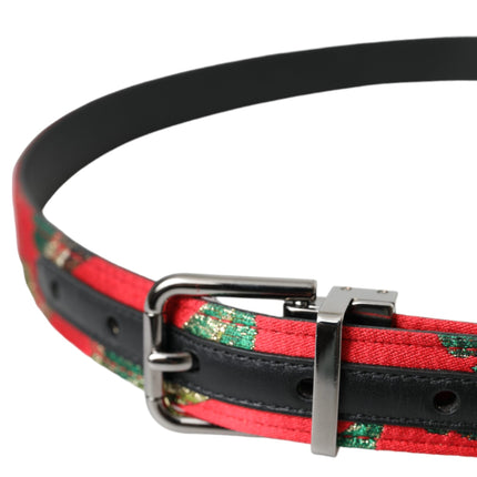 Red Leather Jacquard Silver Metal Buckle Belt