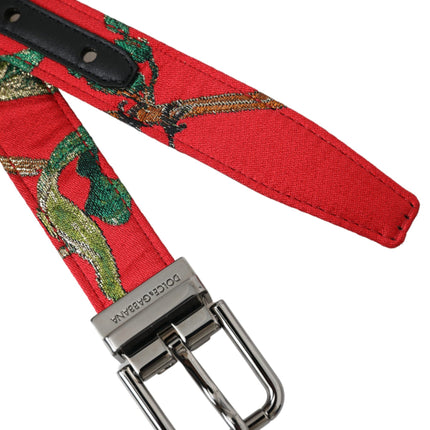 Red Leather Jacquard Silver Metal Buckle Belt