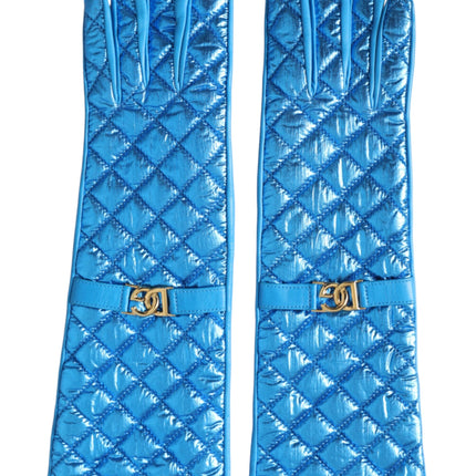 Blue Leather Quilted Mid Arm Length Gloves