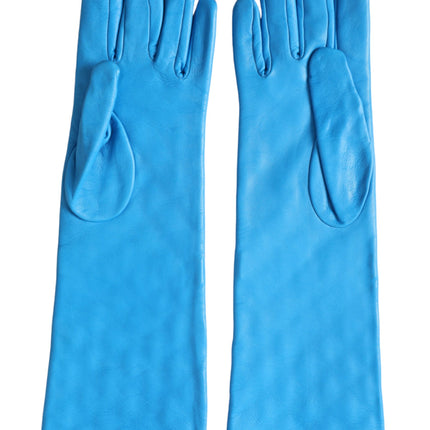 Blue Leather Quilted Mid Arm Length Gloves