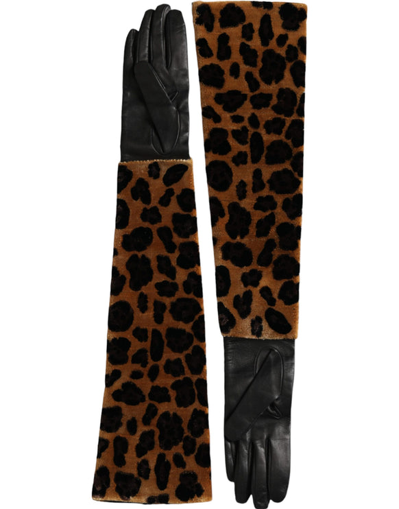 Guanti di lunghezza in pelle leopardata nera marrone