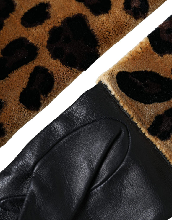 Guanti di lunghezza in pelle leopardata nera marrone