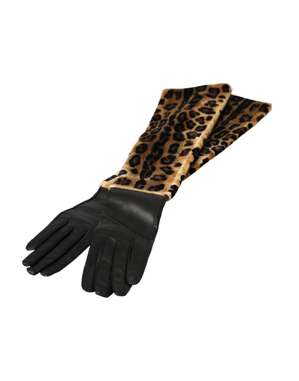 Guanti di lunghezza in pelle leopardata nera marrone