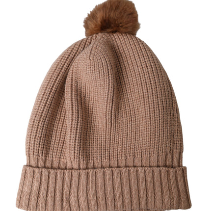 Bruine vast gebreide bontbal winter beanie hoed