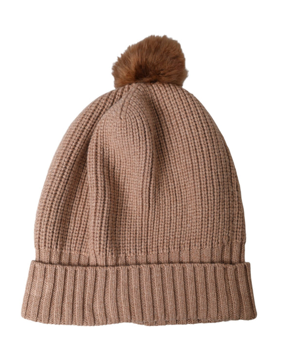 Bruine vast gebreide bontbal winter beanie hoed