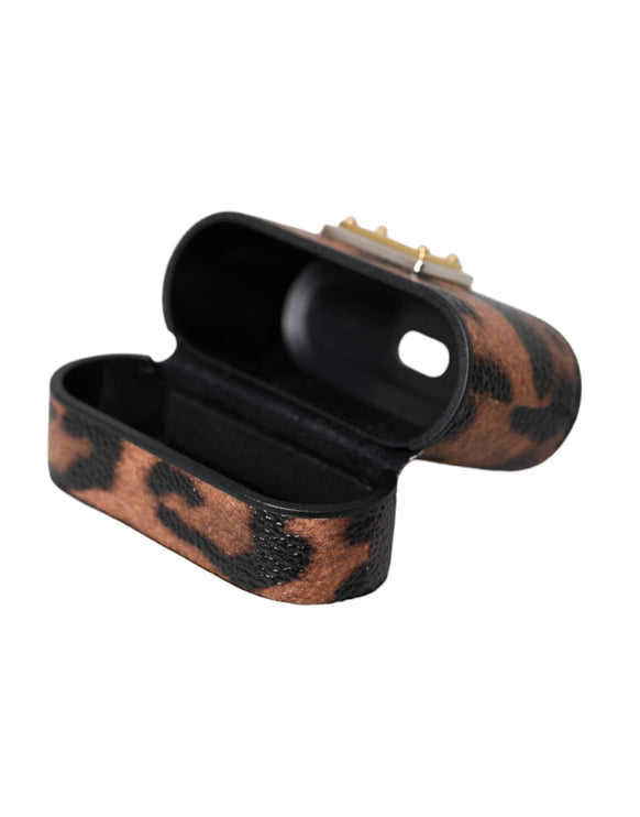 Bruine luipaard kalf leer logo plaque airpods case