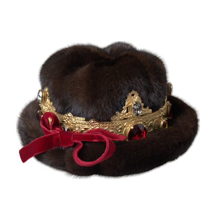 Dark Brown Mink Fur Gold Crystal Crown Hat