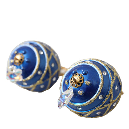 Gold Brass Blue Dangle Christmas Ball Crystal Clip On Earrings