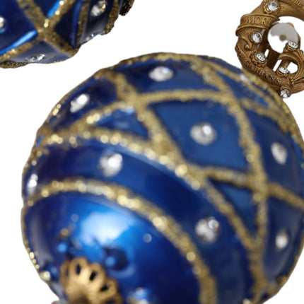 Gold Brass Blue Dangle Christmas Ball Crystal Clip On Earrings