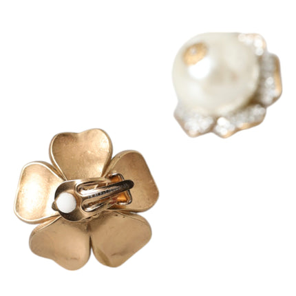 Gold Tone Maxi Faux Pearl Floral Clip-on Jewelry Earrings