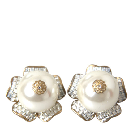 Gold Tone Maxi Faux Pearl Floral Clip-on Jewelry Earrings