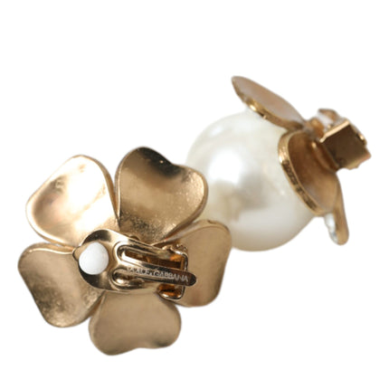 Gold Tone Maxi Faux Pearl Floral Clip-on Jewelry Earrings