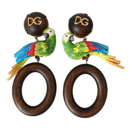 Multicolor Parrot Wood Brass Crystal Embellished Earring