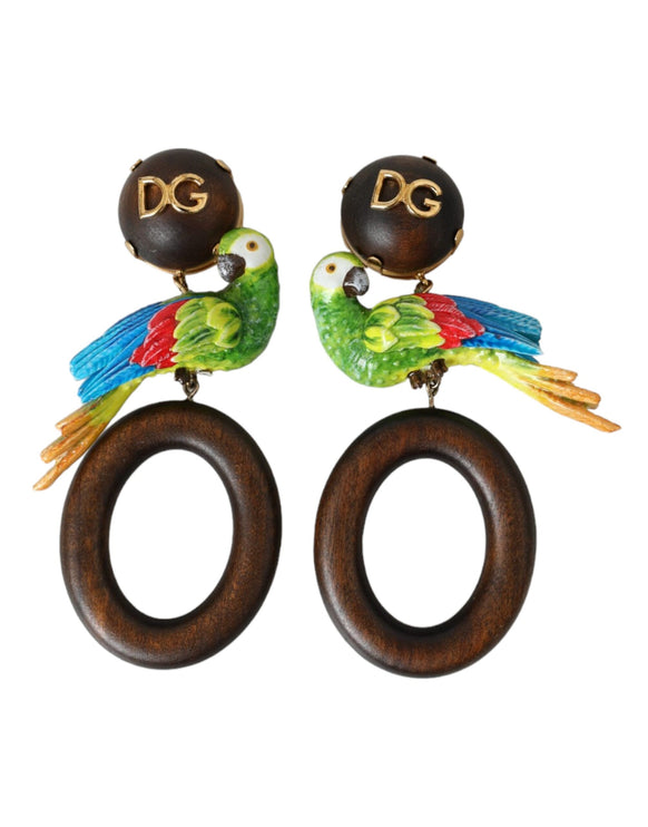 Multicolor Parrot Wood Brass Crystal Embellished Earring