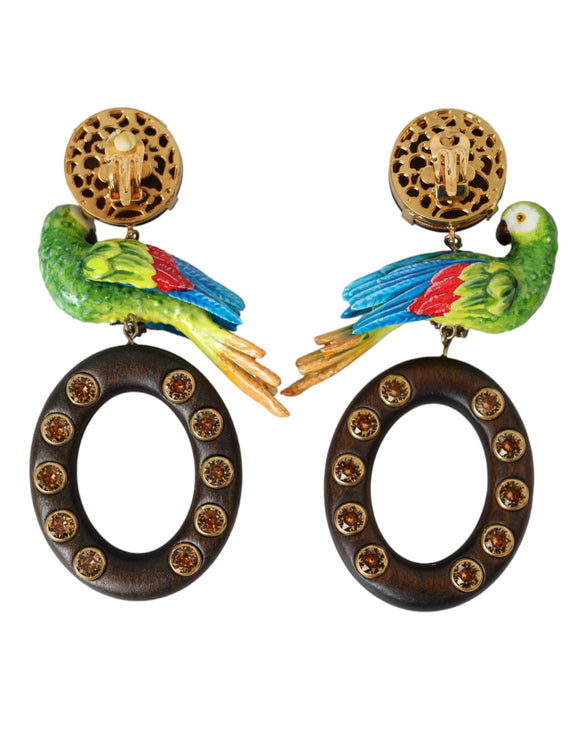 Multicolor Parrot Wood Brass Crystal Embellished Earring