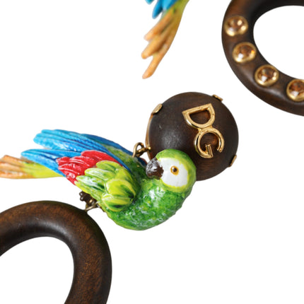 Multicolor Parrot Wood Brass Crystal Embellished Earring