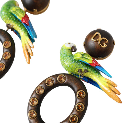 Multicolor Parrot Wood Brass Crystal Embellished Earrings