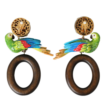 Multicolor Parrot Wood Brass Crystal Embellished Earrings