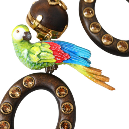 Multicolor Parrot Wood Brass Crystal Embellished Earrings