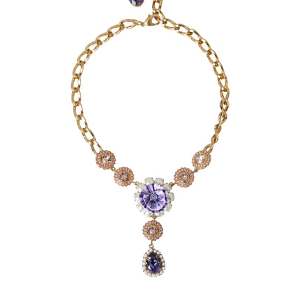 Gold Brass Crystal Purple Pink Pearl Pendants Necklace