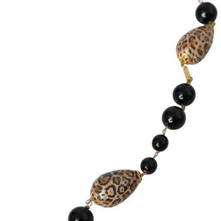 Gold Tone Brass Black Printed Beaded Long Chain Necklace