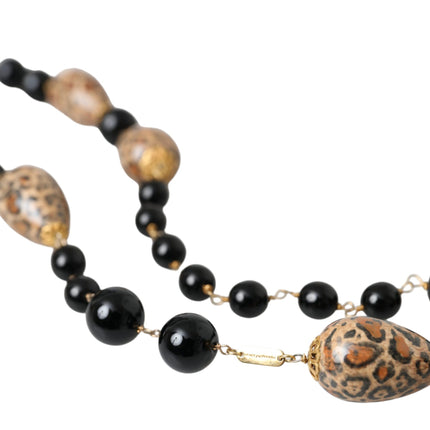 Gold Tone Brass Black Printed Beaded Long Chain Necklace