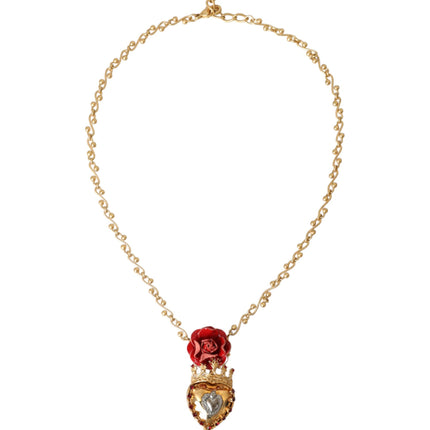 Gold BrassChain Sacred Heart Rose Crystal Charm Necklace