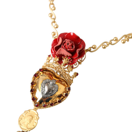 Gold BrassChain Sacred Heart Rose Crystal Charm Necklace