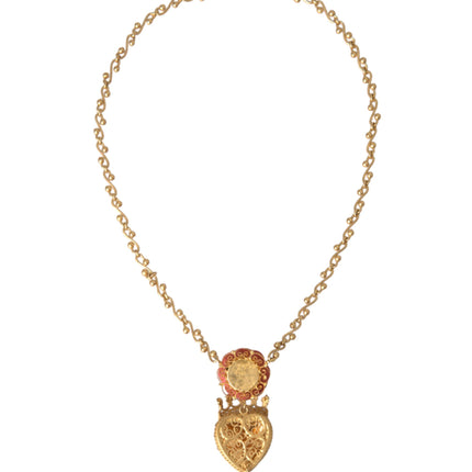 Gold BrassChain Sacred Heart Rose Crystal Charm Necklace